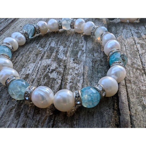 Vintage Rhinestone Pearl Bracelet Stack, 3 Pearly Stretch Bracelets - Picture 6 of 10